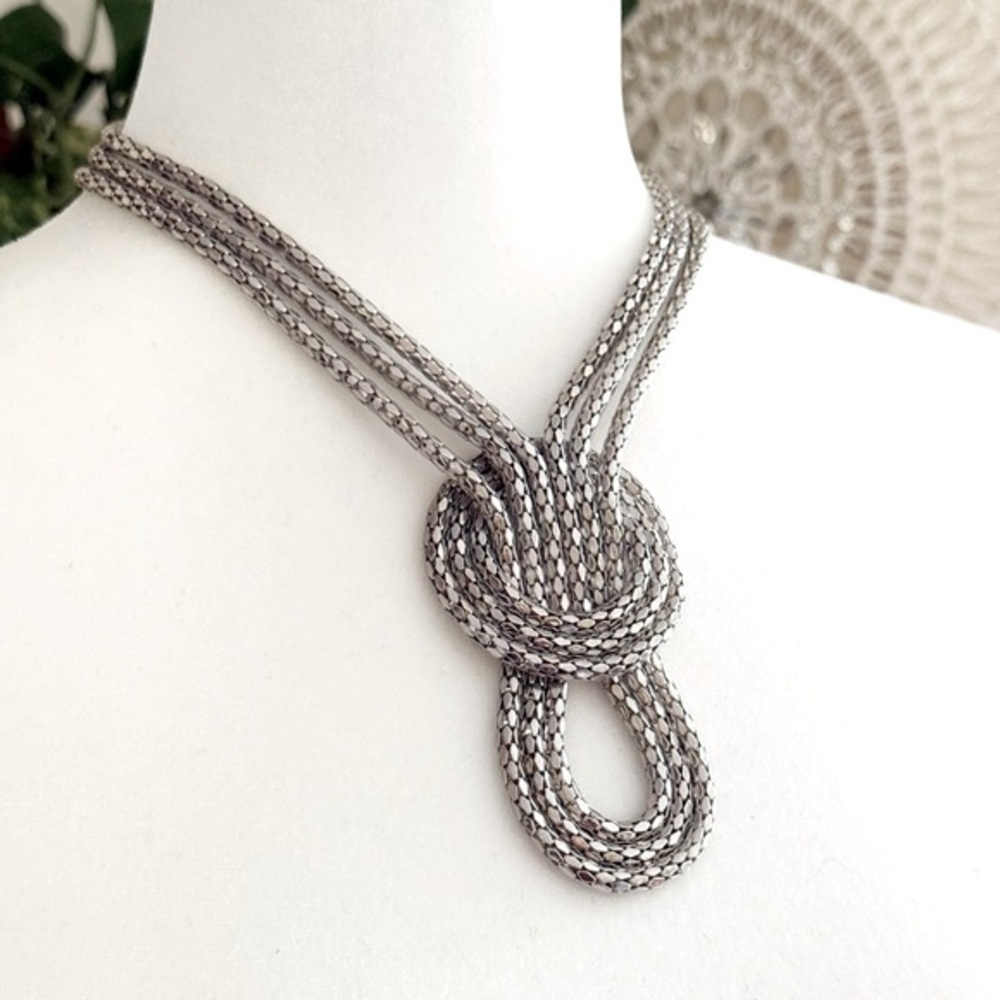 Knotted Silver Tone Multi Strand Statement Necklace Elegant Vintage Y2K
